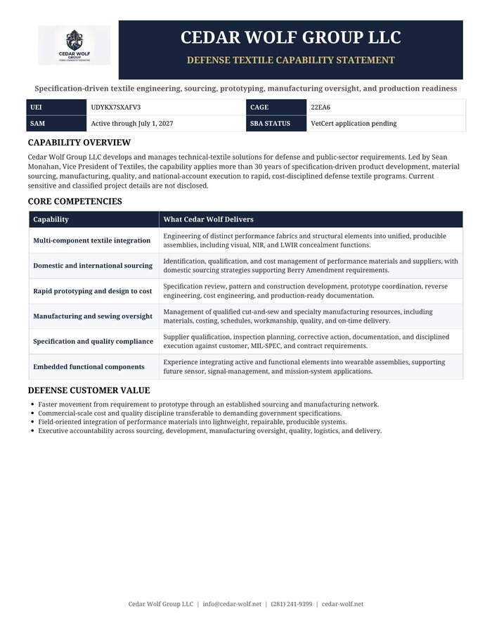 Defense textile capability statement preview